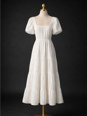 & Other Stories Women’s White Elastic Puff Sleeve ,Tie Back,Midi Dress.Size-US-M